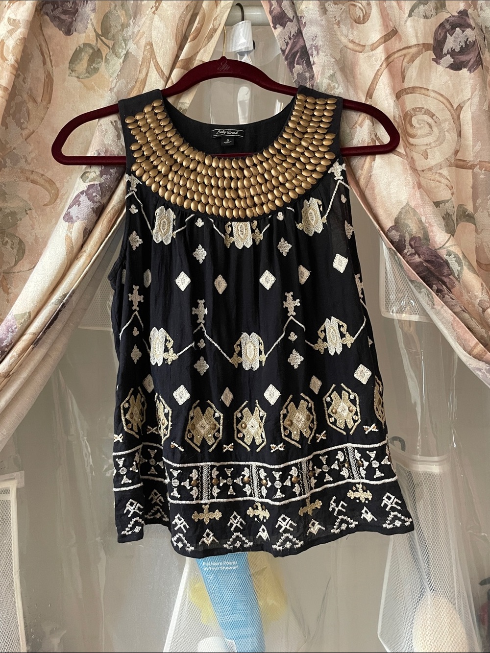 Lucky Brand embellished Black Tank with Gold Embellished Yoke
